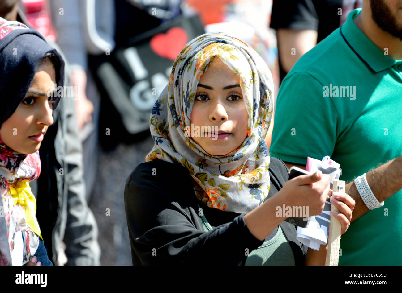 Two Muslim women in headscarves, marching in support of the people of Gaza, London, August 2014 Stock Photo