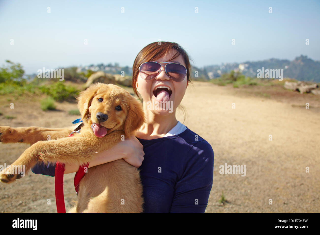 Young woman holding labrador puppy, tongues out Stock Photo