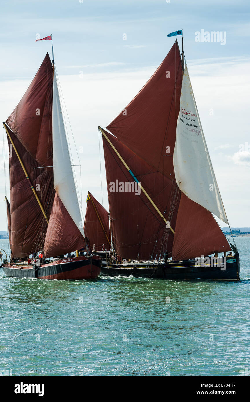 Repertor and Edith May, sailing away at the start of the Southend on Sea Barge Match,2014. Stock Photo
