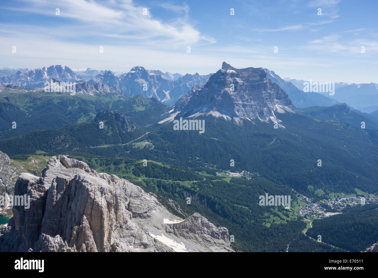 View of mountains and valley, Alleghe, Dolomites, Italy Stock Photo