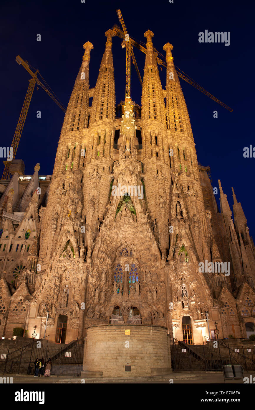 Sagrada Familia by Antoni Gaudi at night in Barcelona, Catalonia, Spain. Nativity Facade. Stock Photo