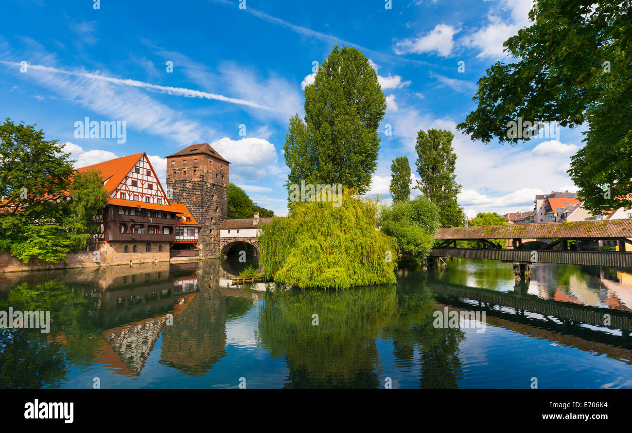 View of Henkersteg bridge and Pegnitz river, Nuremberg, Bavaria, Germany Stock Photo