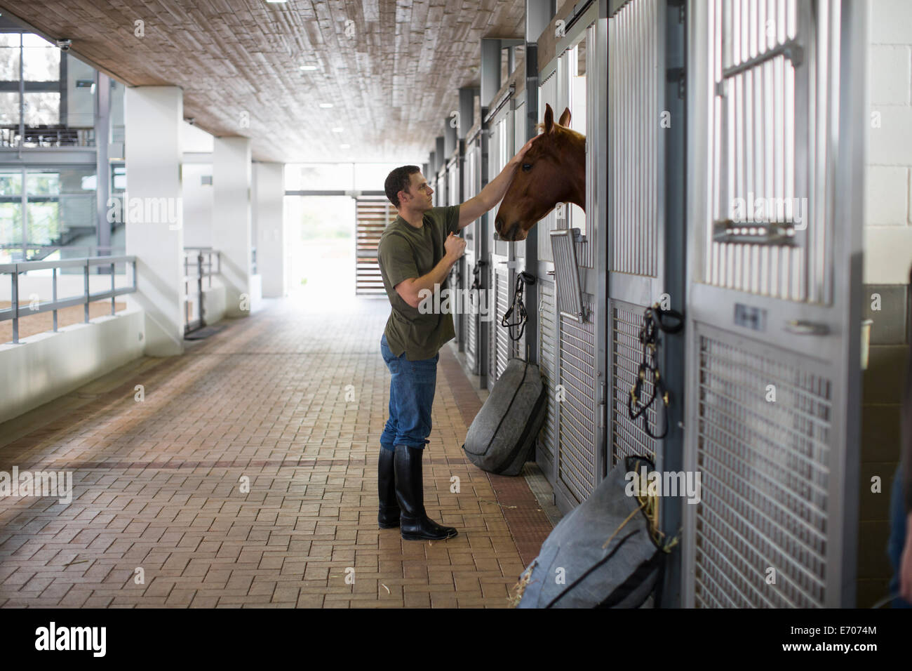 Male stablehand petting horse in stables Stock Photo