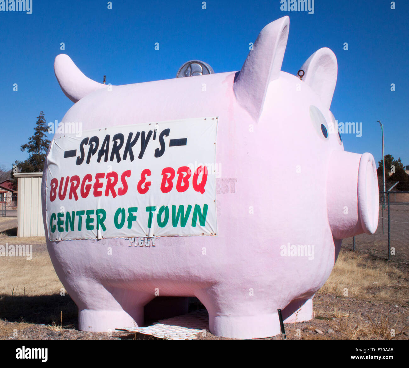 Giant Piggy Bank advertising a restaurant in Hatch New Mexico Stock Photo