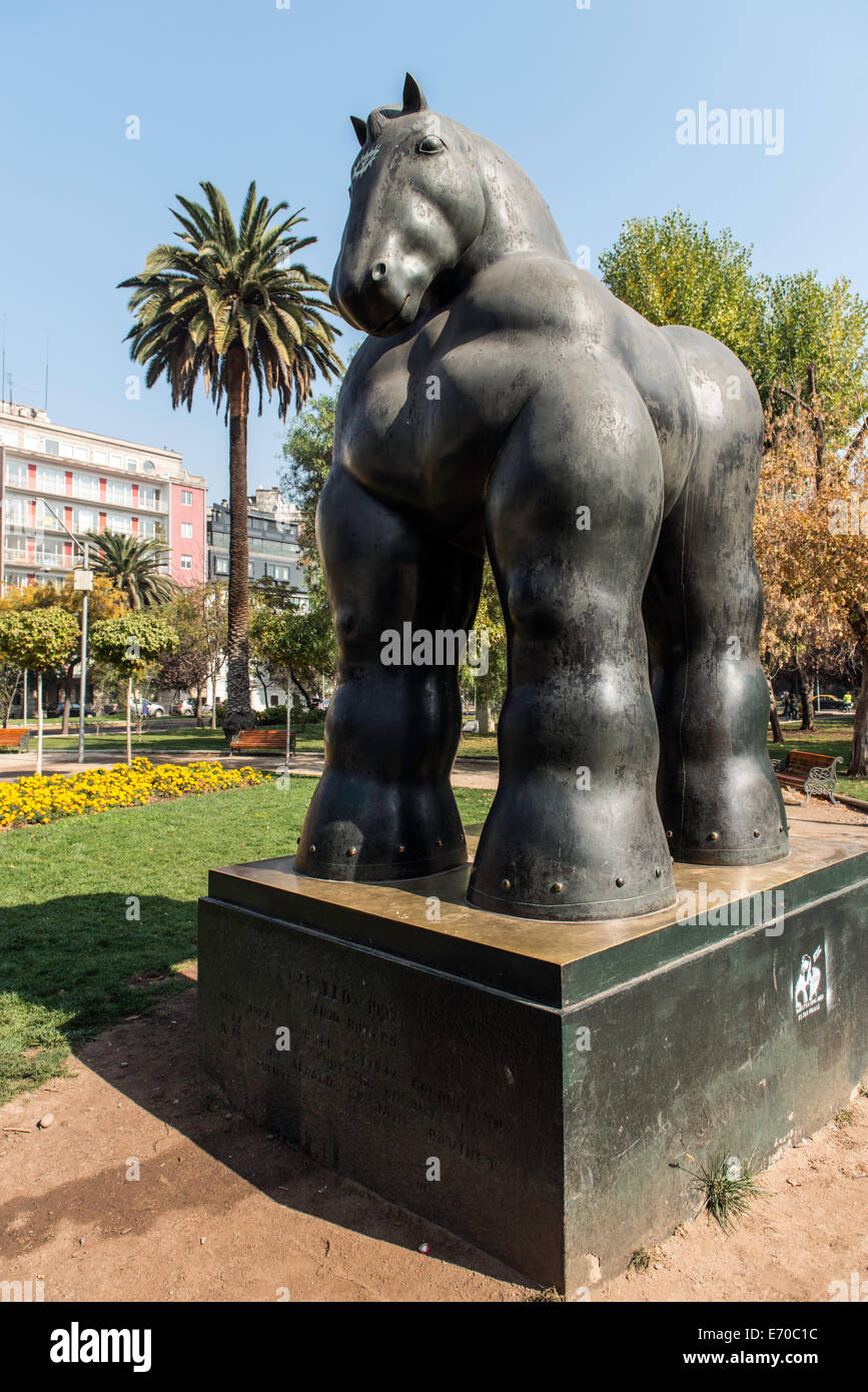 Caballo sculpture by Fernando Botero inside the Parque Forestal, Santiago de Chile, Chile, South America Stock Photo