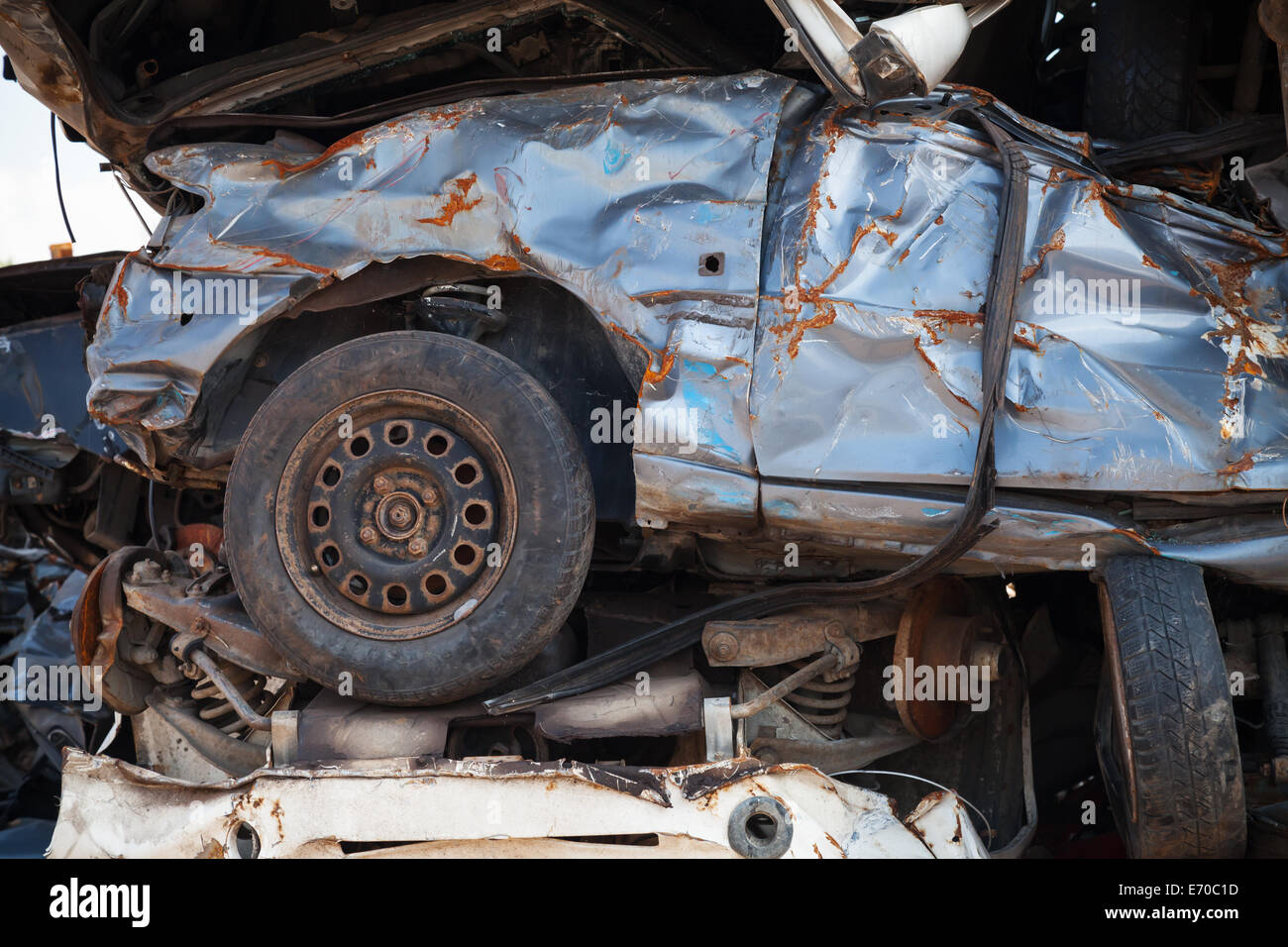 Fragment of stacked cars dumb in junkyard Stock Photo