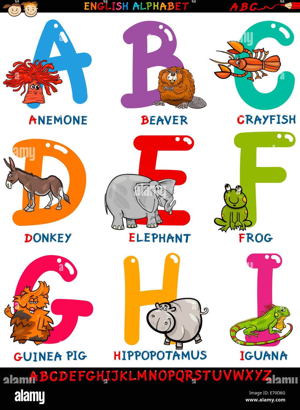 Cartoon Illustration of Colorful English Alphabet Set with Funny Animals from Letter A to I Stock Photo