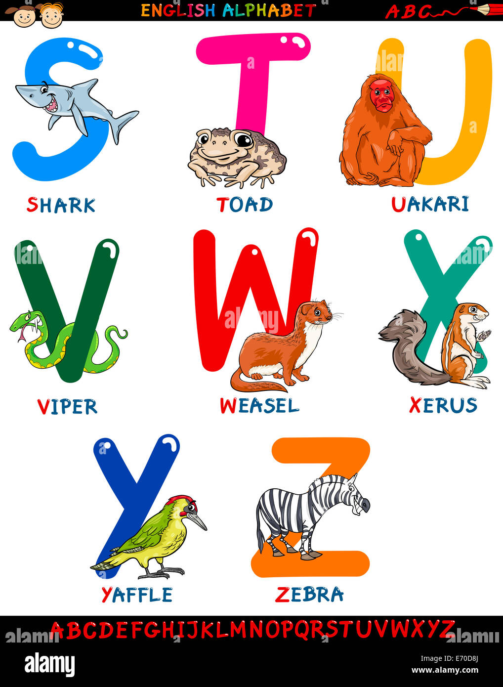 Cartoon Illustration of Colorful English Alphabet Set with Funny Animals from Letter S to Z Stock Photo