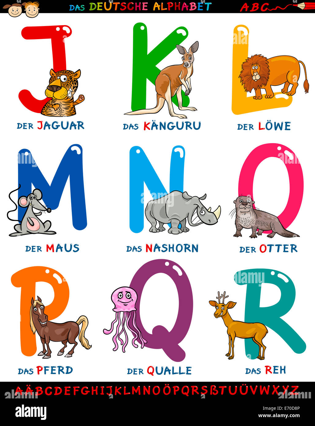 Cartoon Illustration of Colorful German or Deutsch Alphabet Set with Funny  Animals from Letter J to R Stock Photo - Alamy