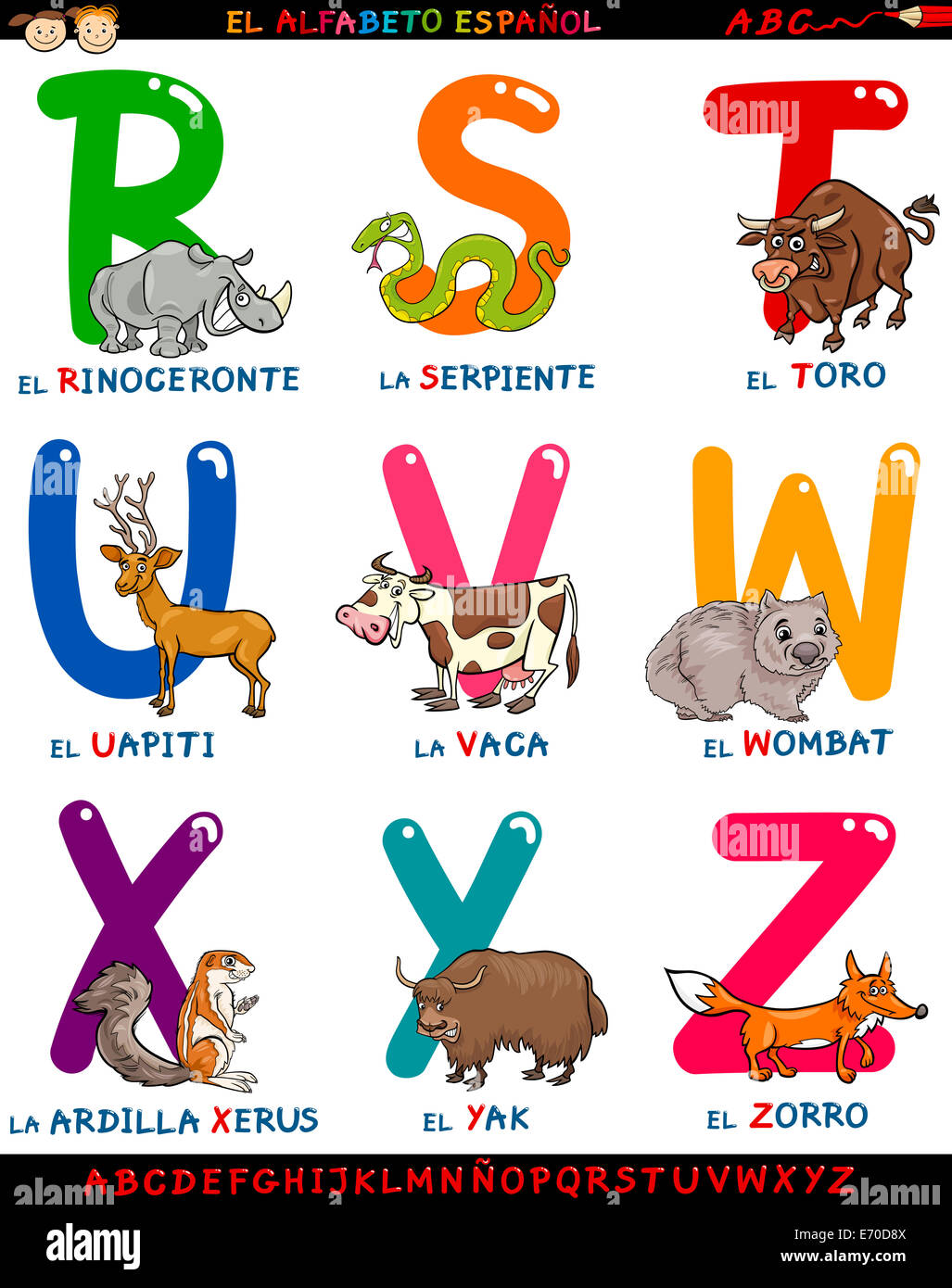 Cartoon Illustration of Colorful Spanish Alphabet or Alfabeto Espanol Set  with Funny Animals from Letter R to Z Stock Photo - Alamy