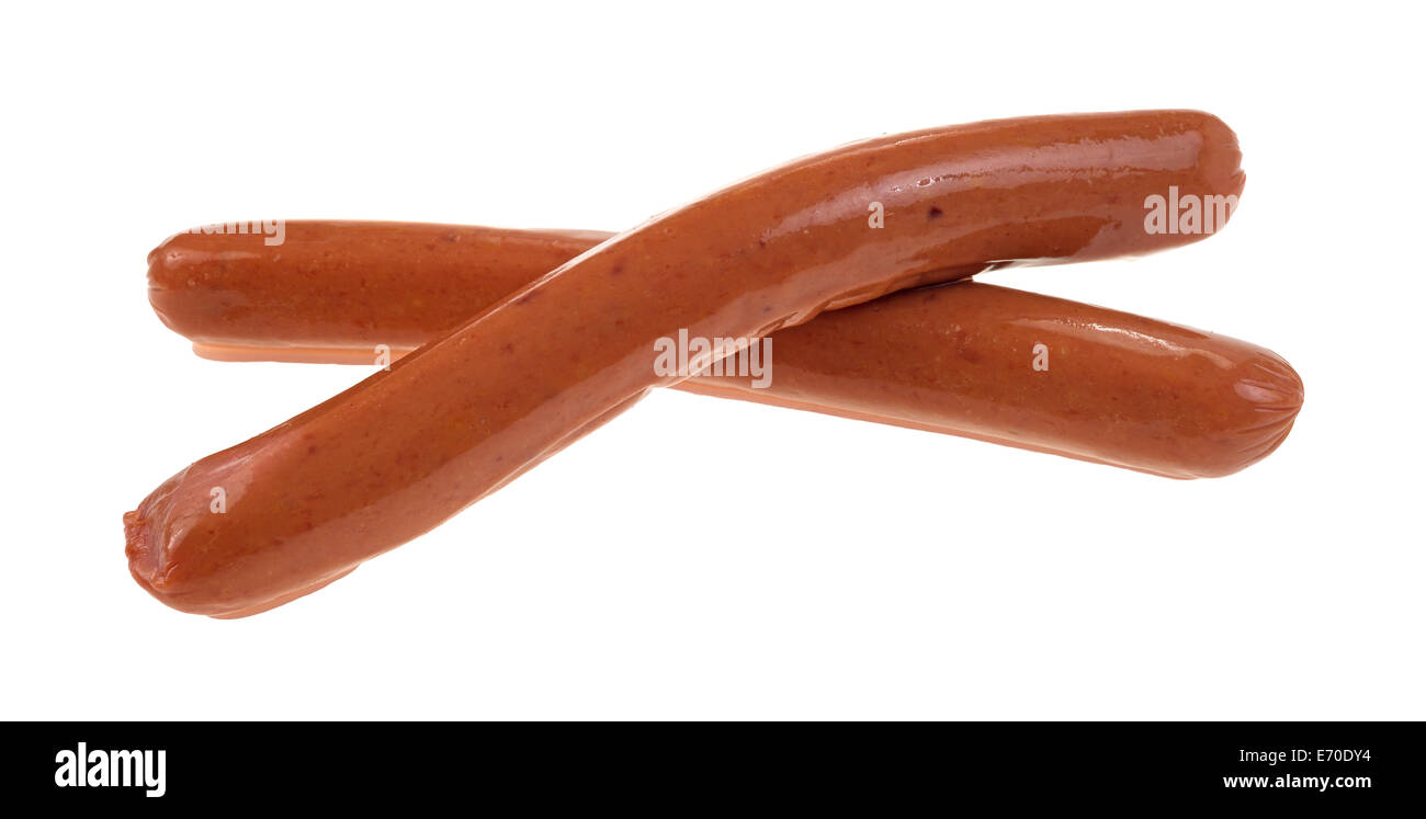 Two links of smoked sausage on a white background. Stock Photo