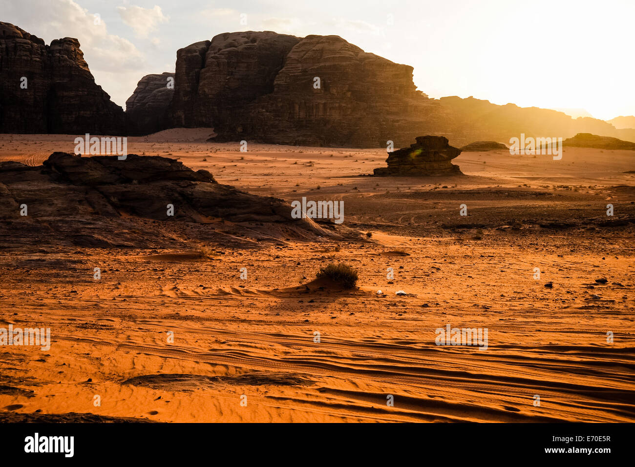 Jordan. Wadi Rum is also known as The Valley of the Moon. Sunsets are spectacular in the desert. Stock Photo