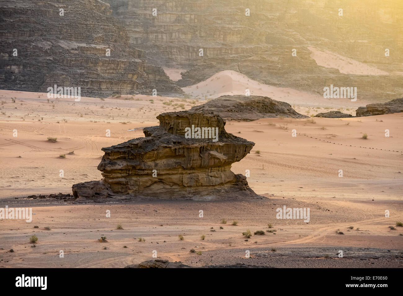 Jordan. Wadi Rum is also known as The Valley of the Moon. Sunsets are spectacular in the desert. Stock Photo