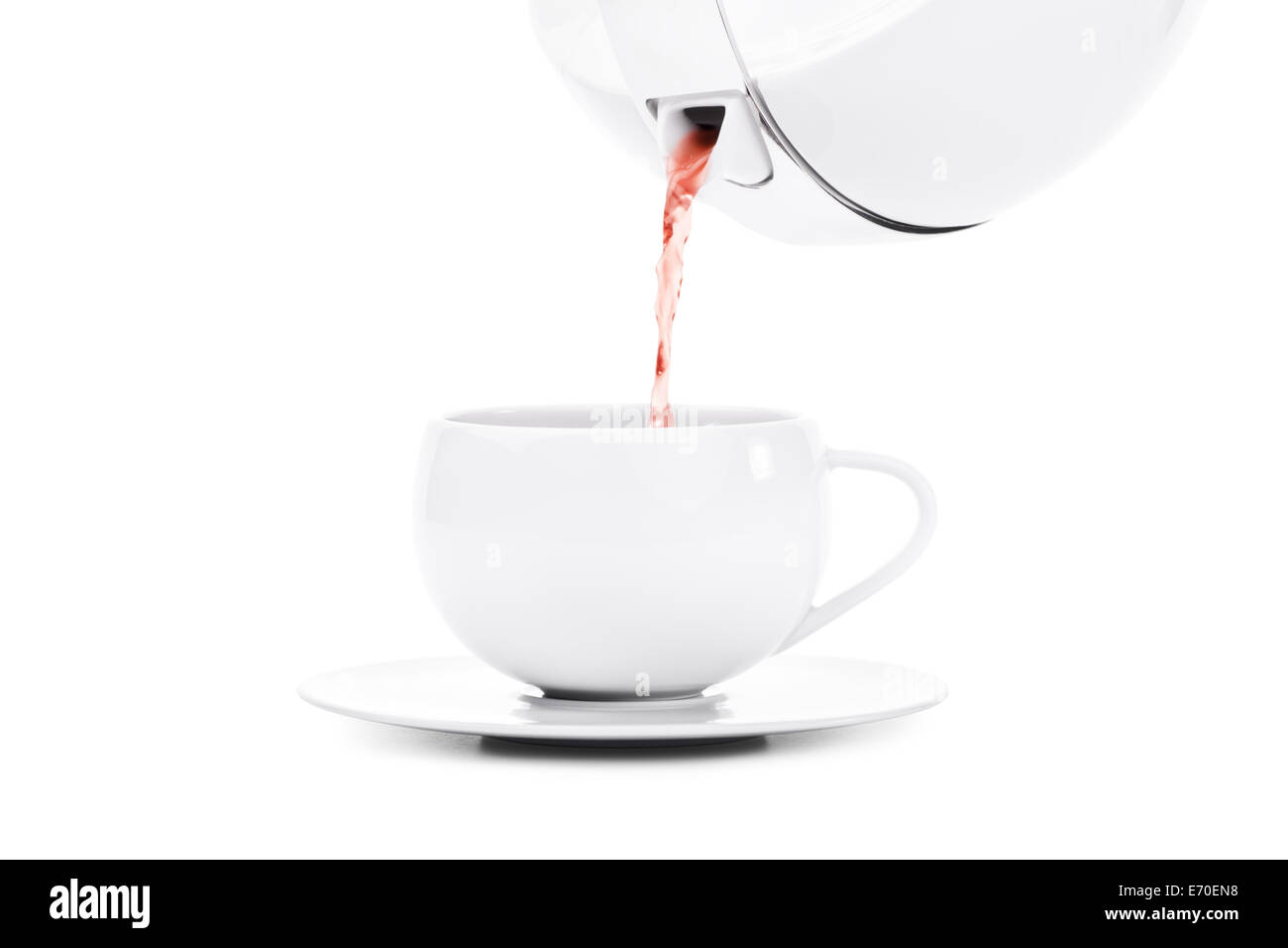 Pouring tea in an elegant white tea cup, isolated on white background