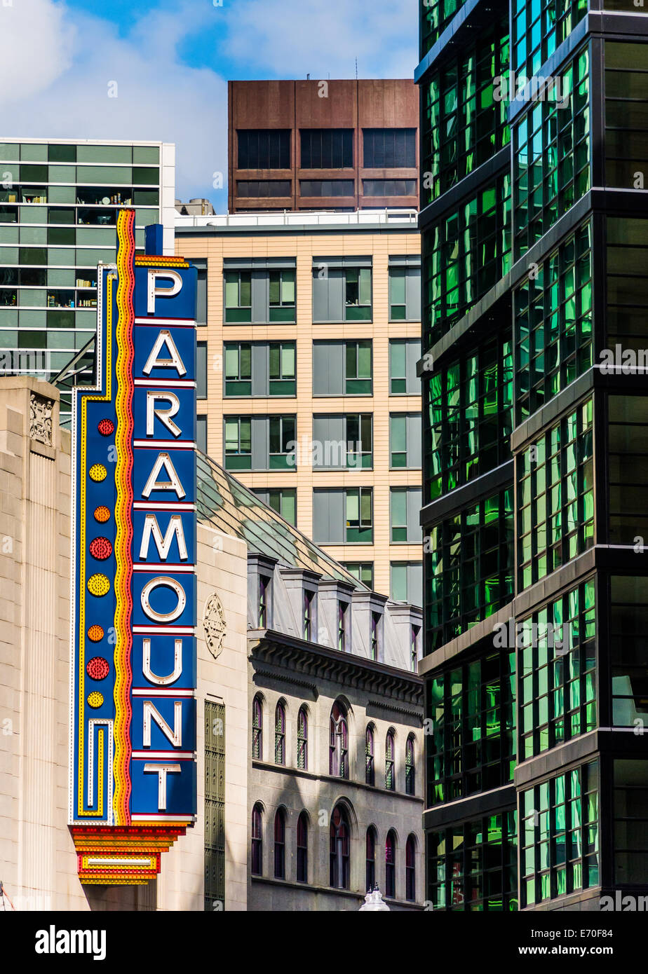 Paramount sign, and buildings in downtown Boston, Massachusetts. Stock Photo