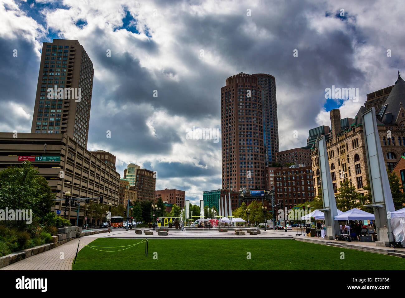 Park and skyscrapers in Boston, Massachusetts. Stock Photo