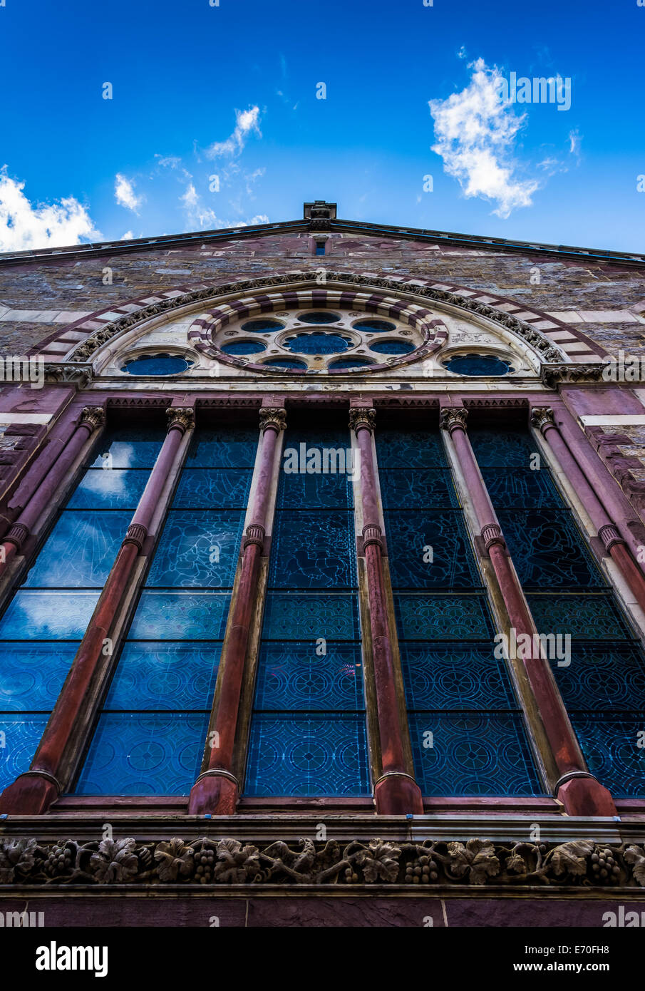 Stained glass windows on the side of a church in Boston, Massachusetts. Stock Photo