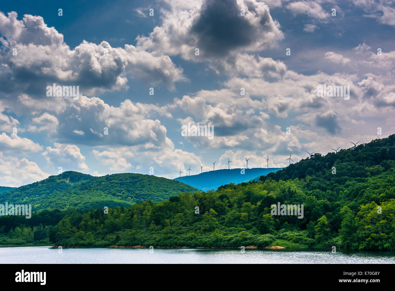 Lake and windmills on a mountain ridge in the rural Potomac Highlands of West Virginia Stock