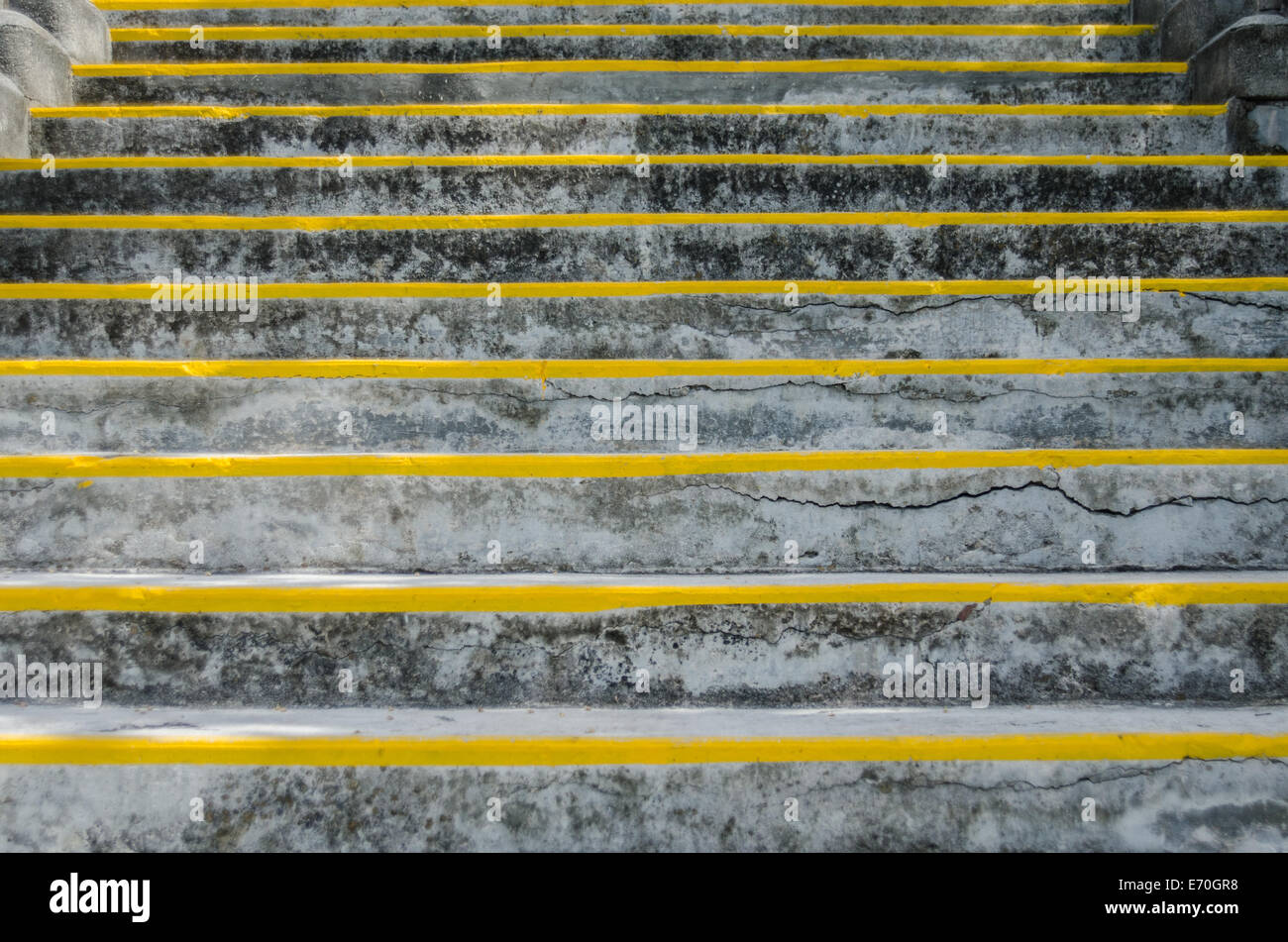 A horizontal view of concrete stairs with painted yellow risers Stock Photo