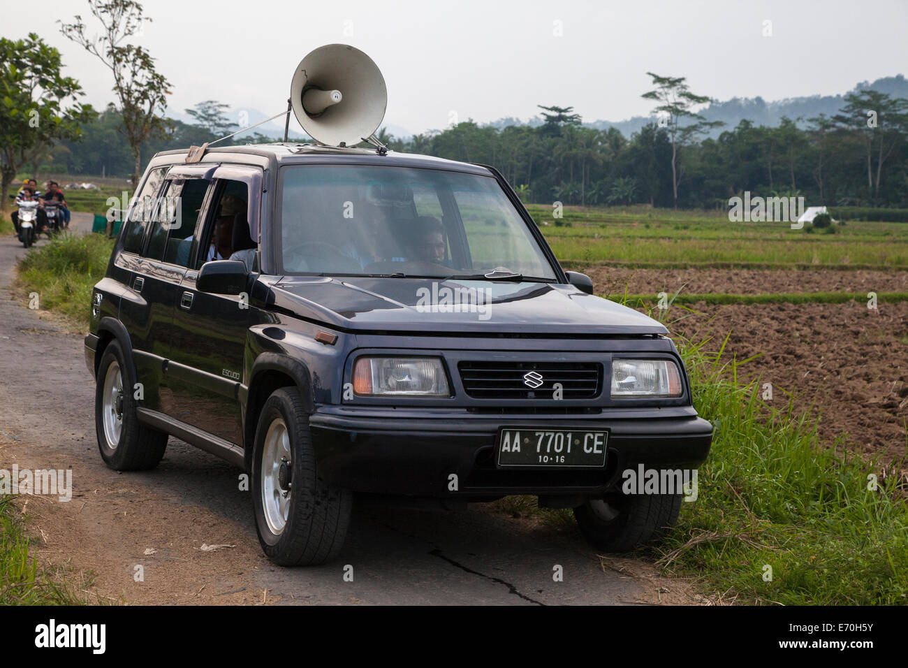 Borobudur, Java, Indonesia.  Political Party Vehicle Broadcasting Message in Rural Area. Stock Photo