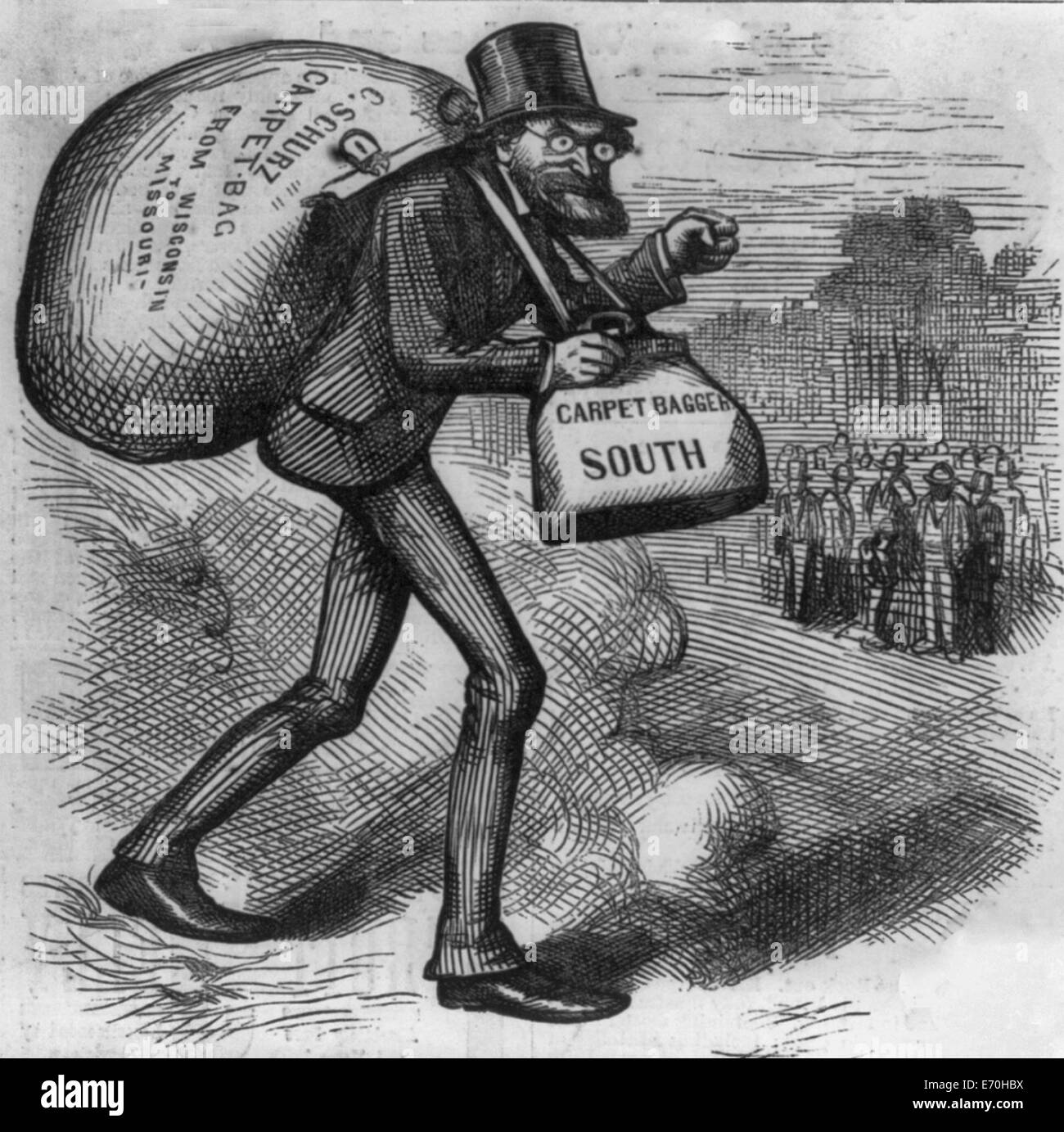 The man with the carpet bags - Caricature of Carl Schurz carrying bags labeled, 'carpet bag' and 'carpet bagger South.' USA Reconstruction, 1872 Stock Photo