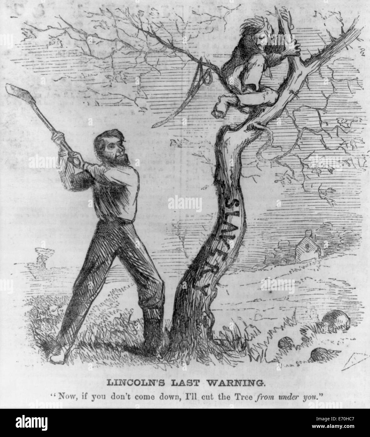 Lincoln's Last Warning - President Lincoln about to cut down tree (slavery) - warning a man to come down from the tree, Political Cartoon 1862 Stock Photo