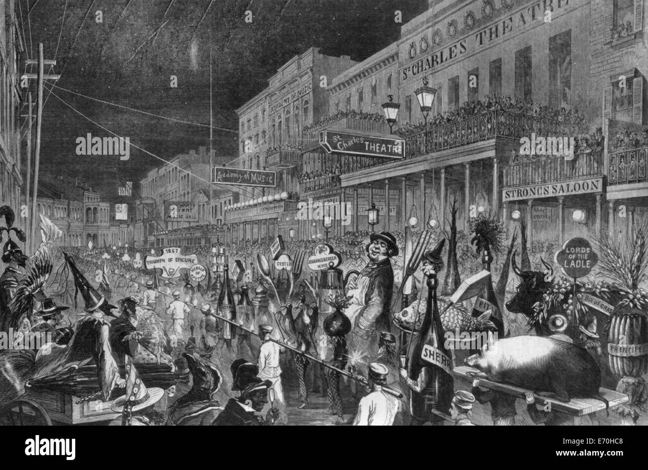 Mardi Gras Celebration in New Orleans, Tuesday March 6 - Procession of the Mistick Krewe of Comus   1867 Stock Photo