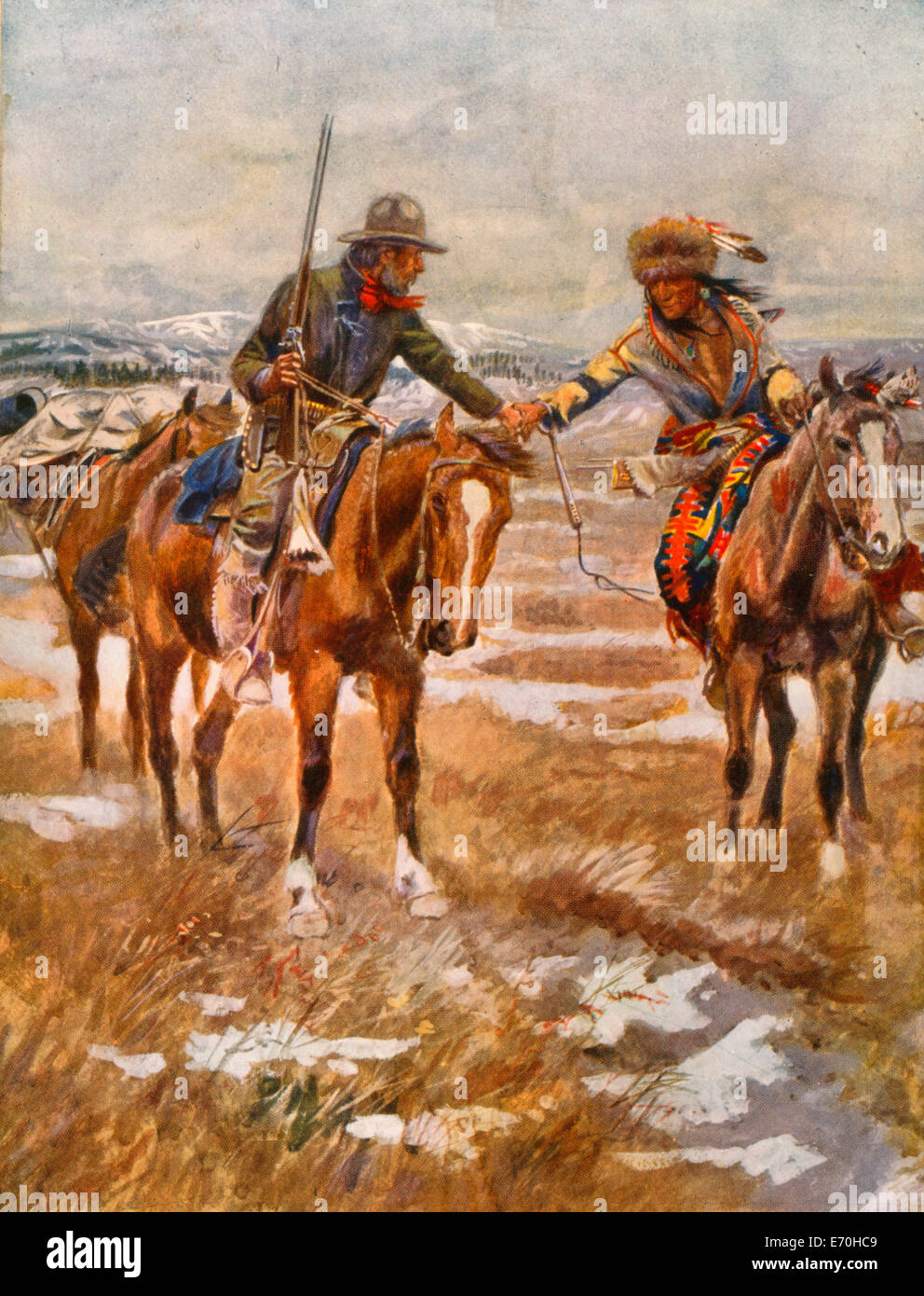The meeting - Euro-American man, holding rifle, on horseback, shaking hands with Native American on horseback, circa 1910 Stock Photo