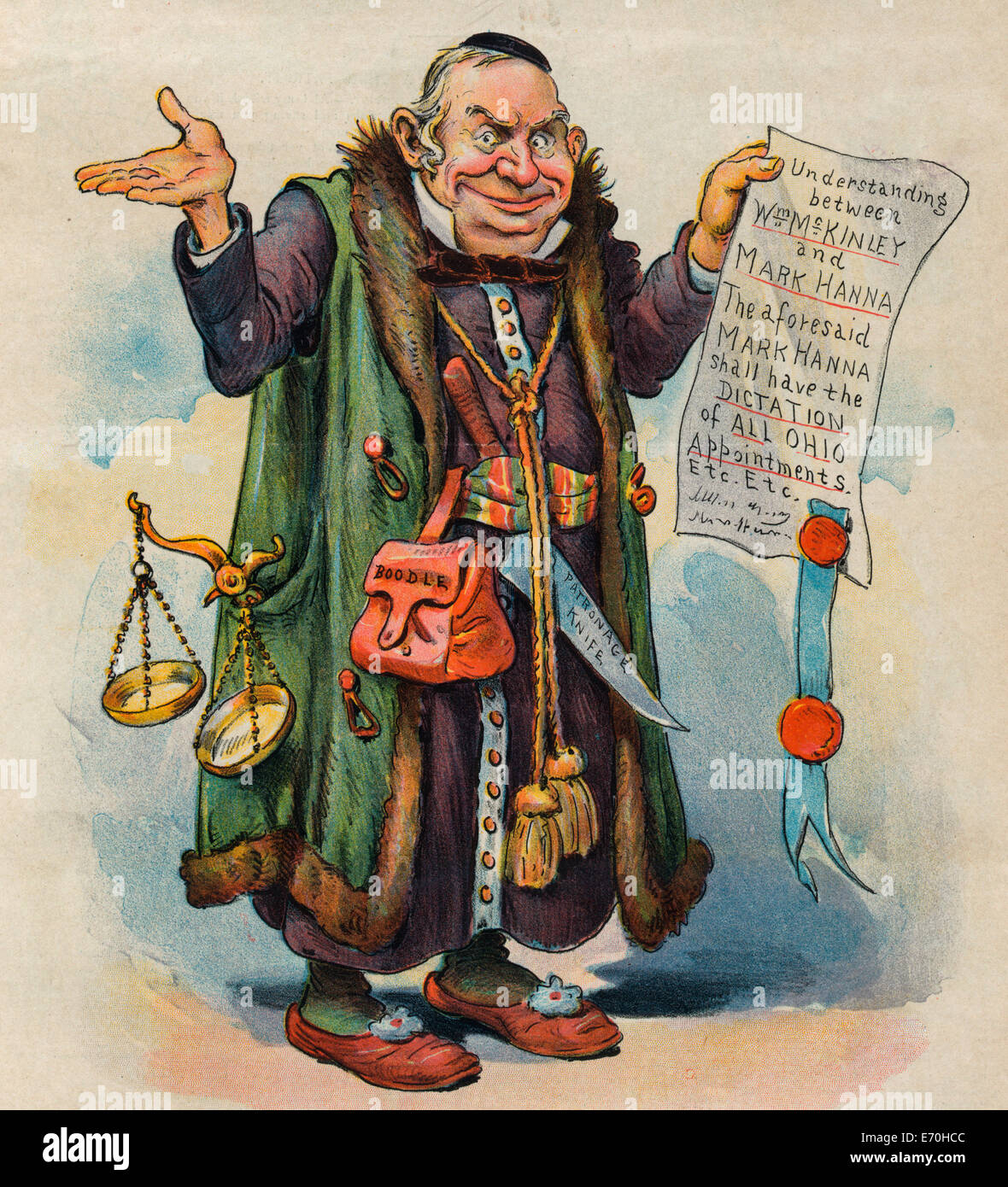 Shylock Hanna - he is Bound to have his pound of flesh.  Marcus A. Hanna as Shylock, wearing a robe, holding a paper that states 'Understanding between Wm. McKinley and Mark Hanna. The aforesaid Mark Hanna shall have the Dictation of all Ohio Appointments, etc., etc.'; hanging from his waist is a purse labeled 'Boodle' and a knife labeled 'Patronage Knife', and extending from his pocket are balance scales.  Political cartoon 1897 Stock Photo