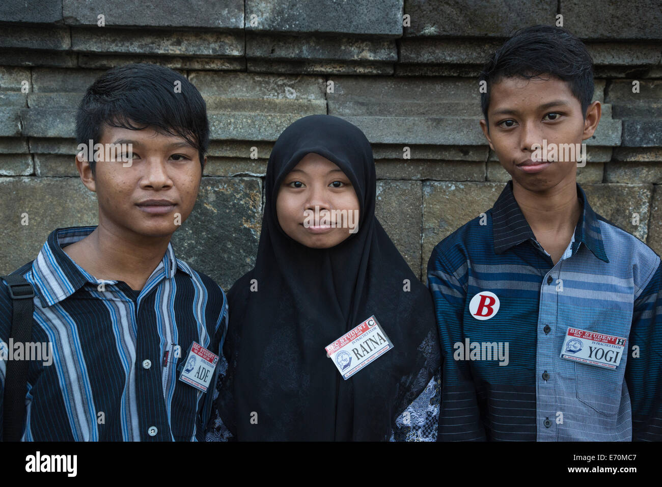 Borobudur, Java, Indonesia.  Young Indonesian Students Visiting the Temple. Stock Photo