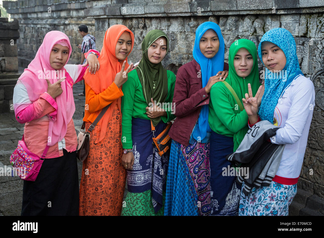 Borobudur, Java, Indonesia.  Young Women from Surabaya Visiting the Temple. Stock Photo
