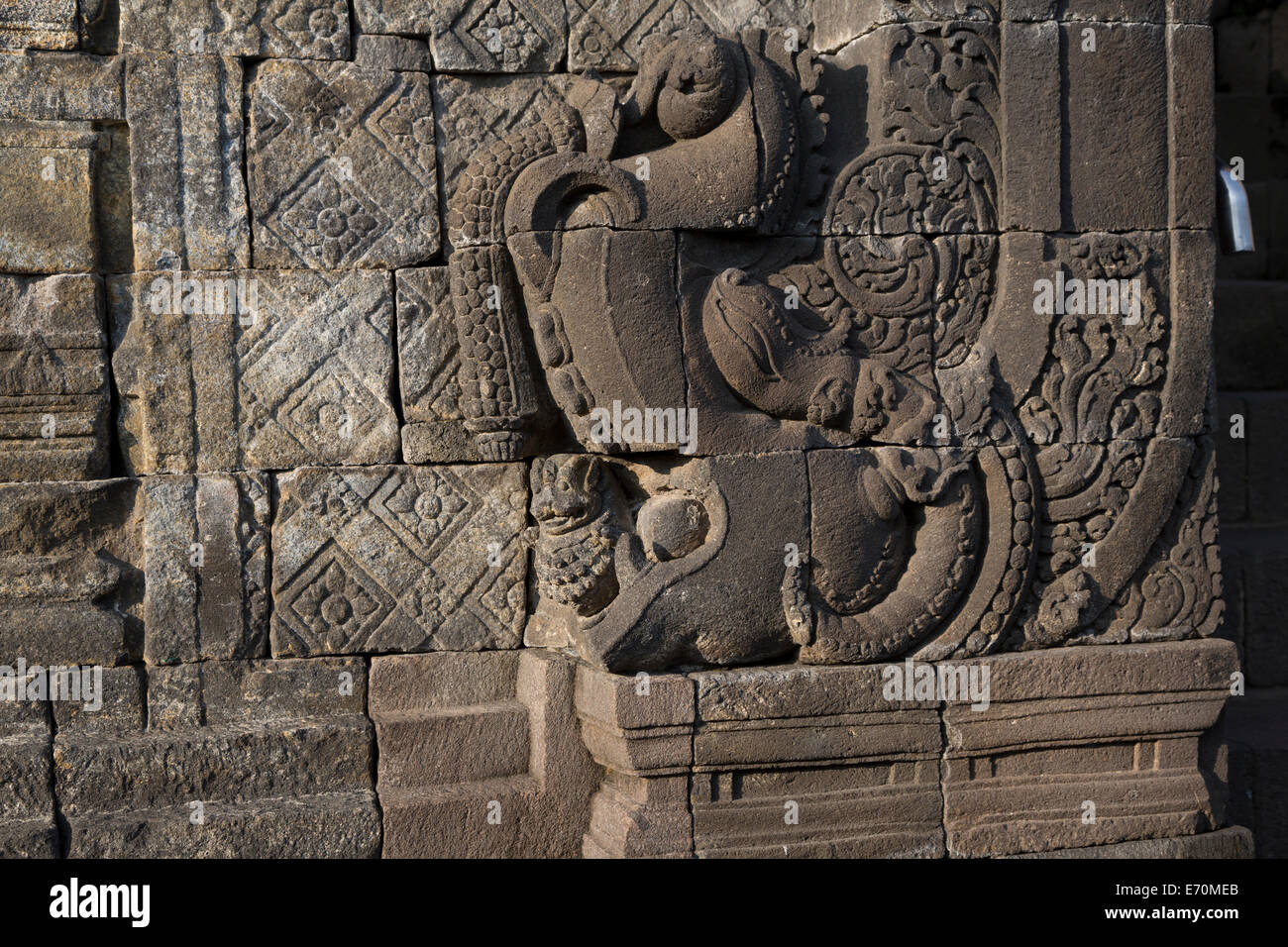 Borobudur, Java, Indonesia.  A Makara, a Hindu-Buddhist Sea Creature, Trunk Tilted up, Small Lion Emerging from the Mouth. Stock Photo