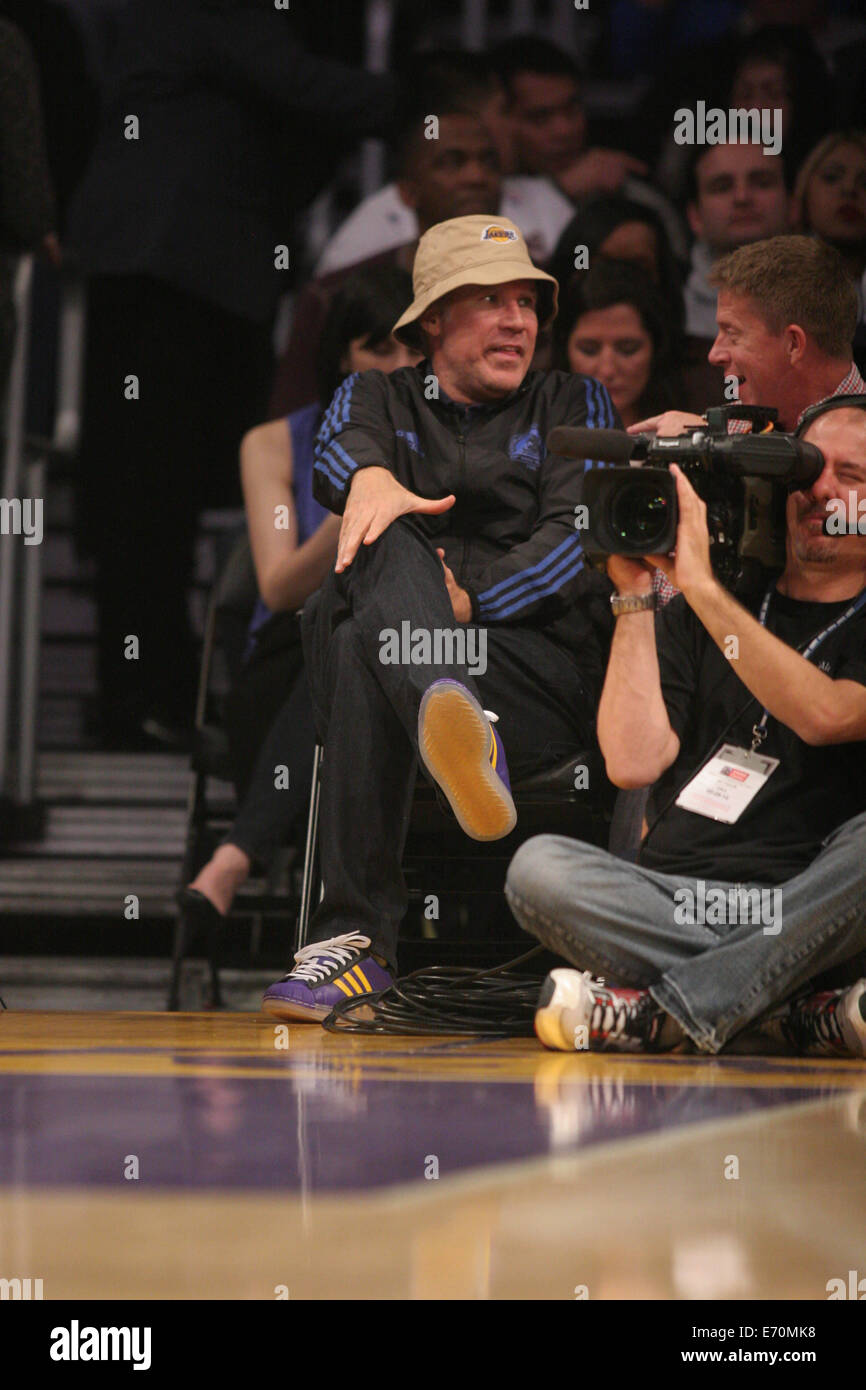 Friday February 28, 2014; Celebs out at the Lakers game. The Los Angeles Lakers defeated the Sacramento Kings by the final score of 126-122 at Staples Center in downtown Los Angeles, CA.  Featuring: Will Ferrell Where: Los Angeles, California, United Stat Stock Photo