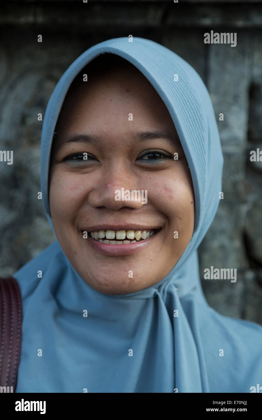 Borobudur, Java, Indonesia.  Teenage Indonesian Student from Surabaya Visiting the Temple. Stock Photo