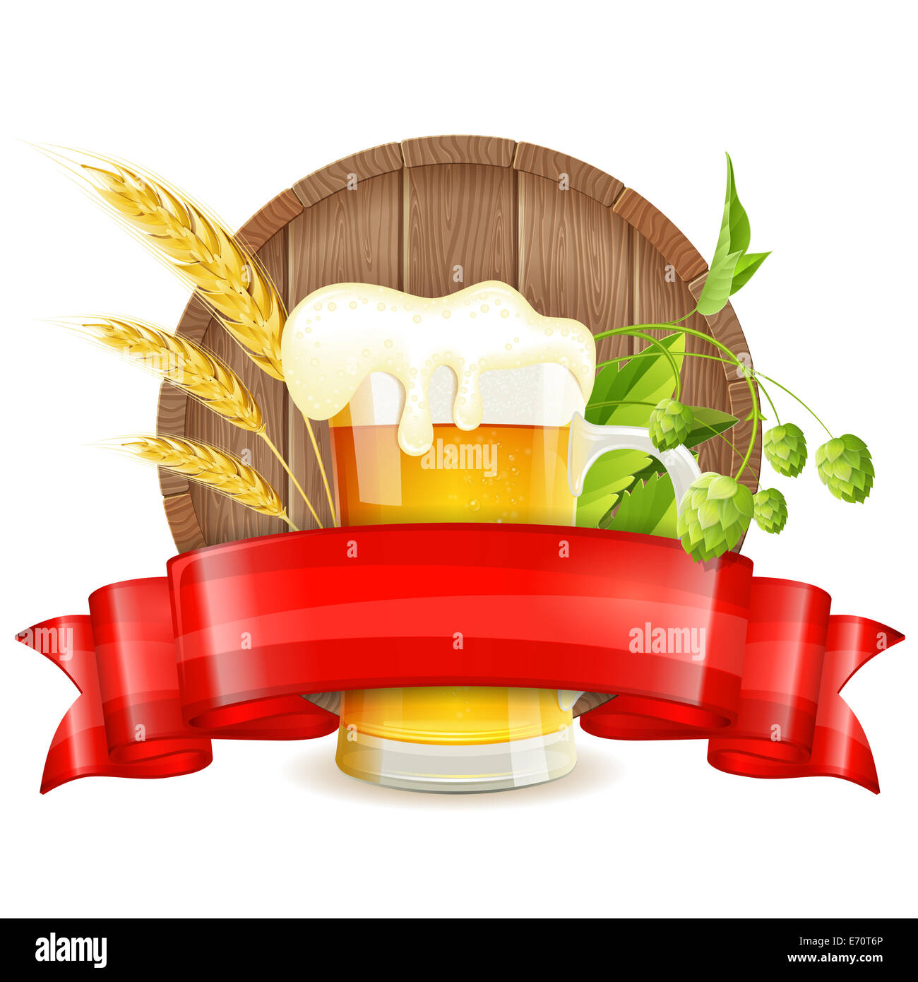 Oktoberfest Poster with Barrel, Glass of Beer, Barley, Hops and Ribbon, isolated on white background Stock Photo