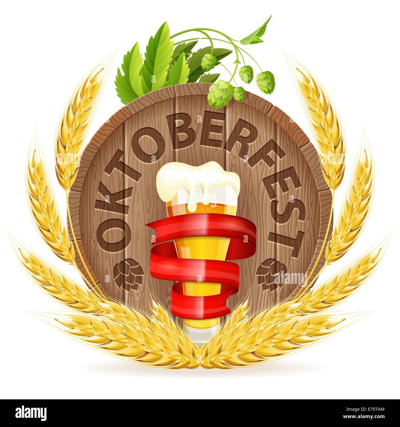 Oktoberfest Poster with Barrel, Glass of Beer, Barley and Hops, isolated on white background Stock Photo