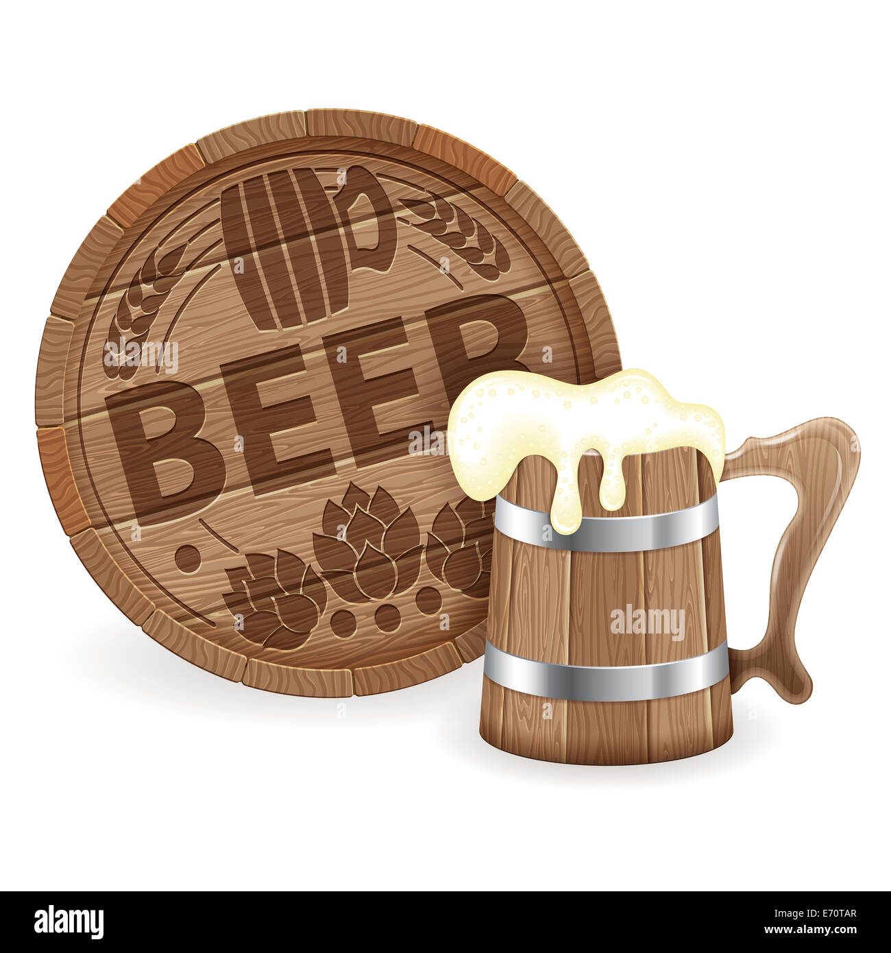 Oktoberfest Poster with Barrel of Beer and Wooden Mug, isolated on white background Stock Photo