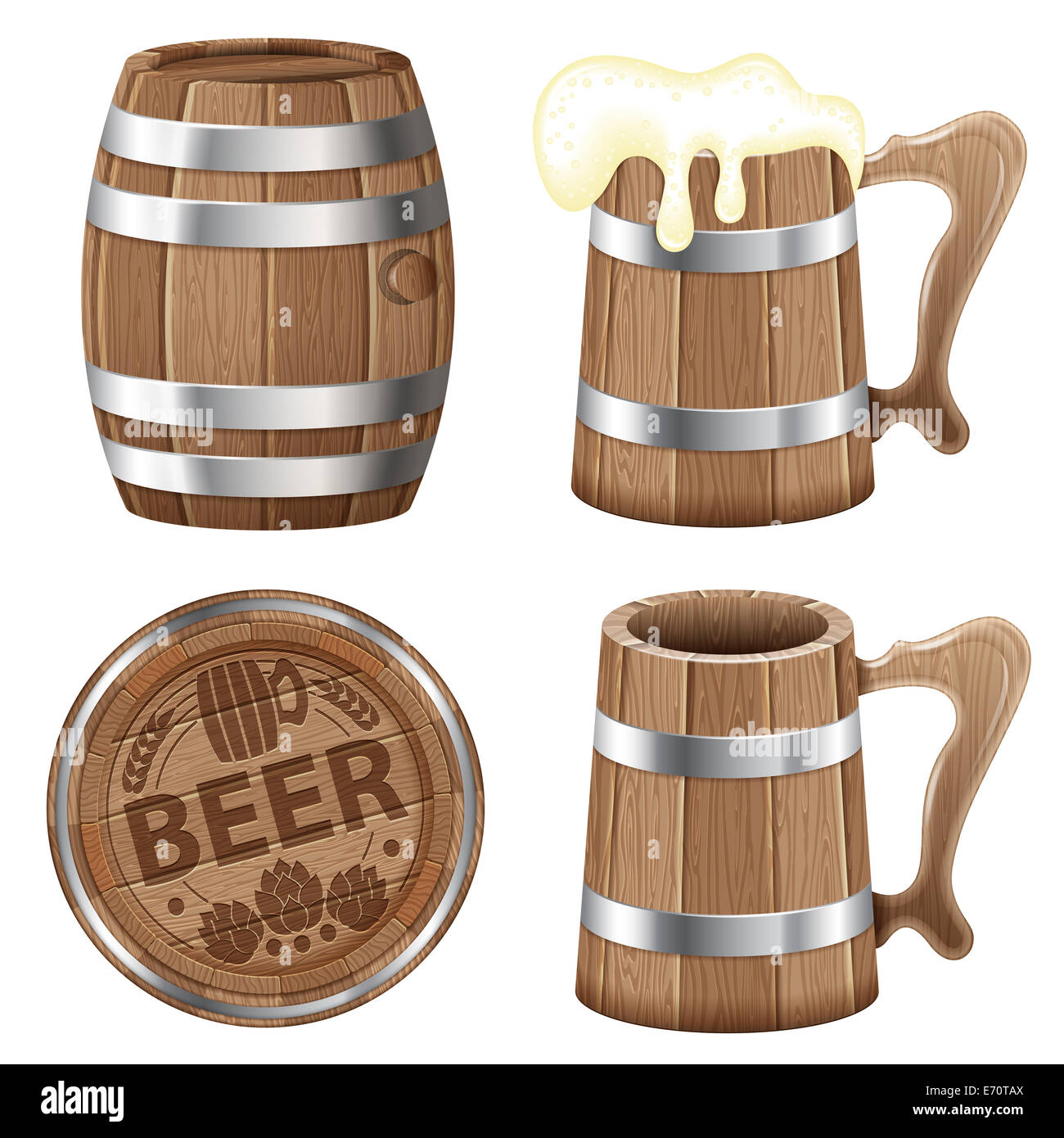 Beer Collection with Barrel of Beer and Wooden Mug, isolated on white background Stock Photo