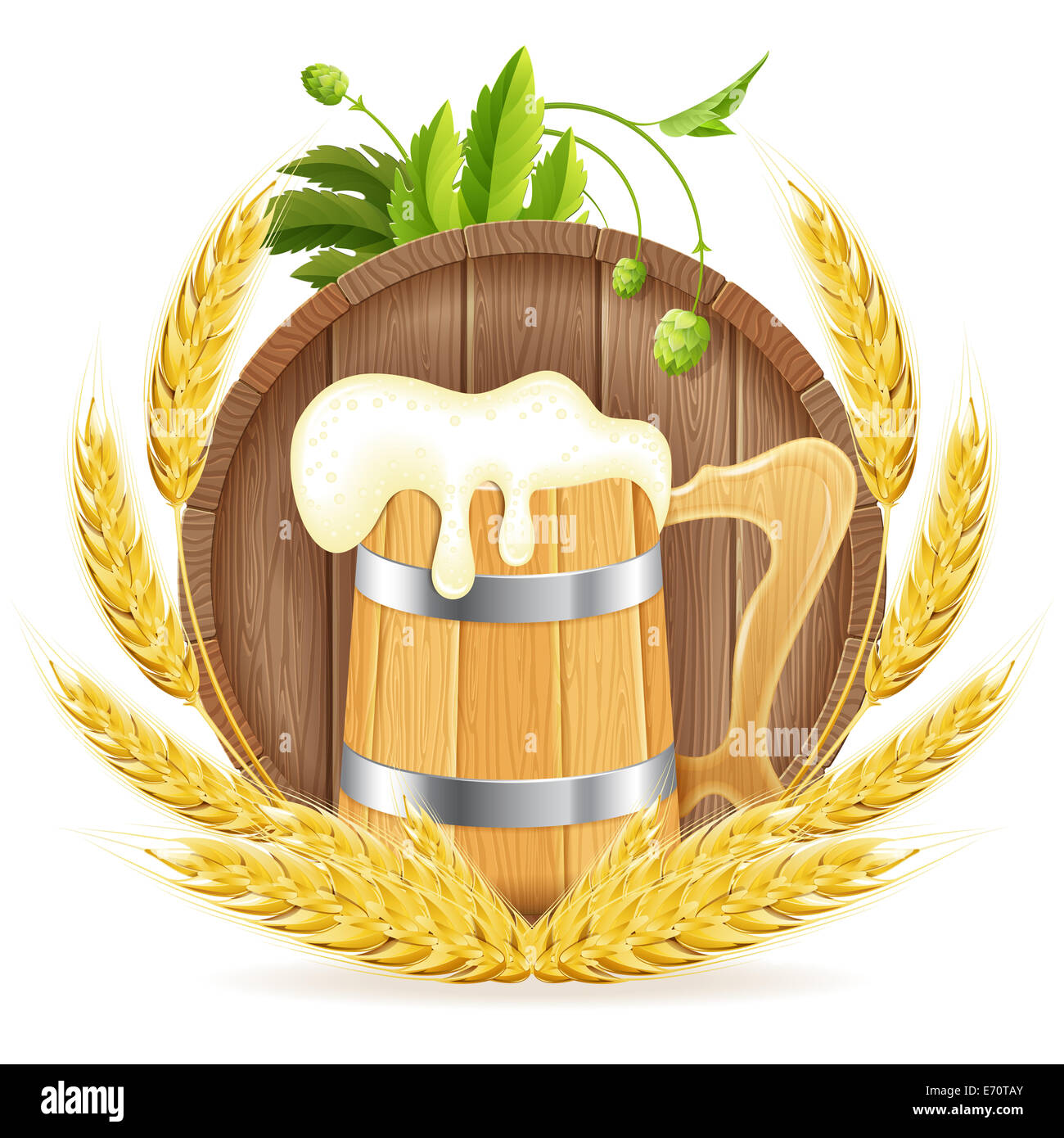 Oktoberfest Poster with Barrel of Beer, Wooden Mug, Barley and Hops, isolated on white background Stock Photo