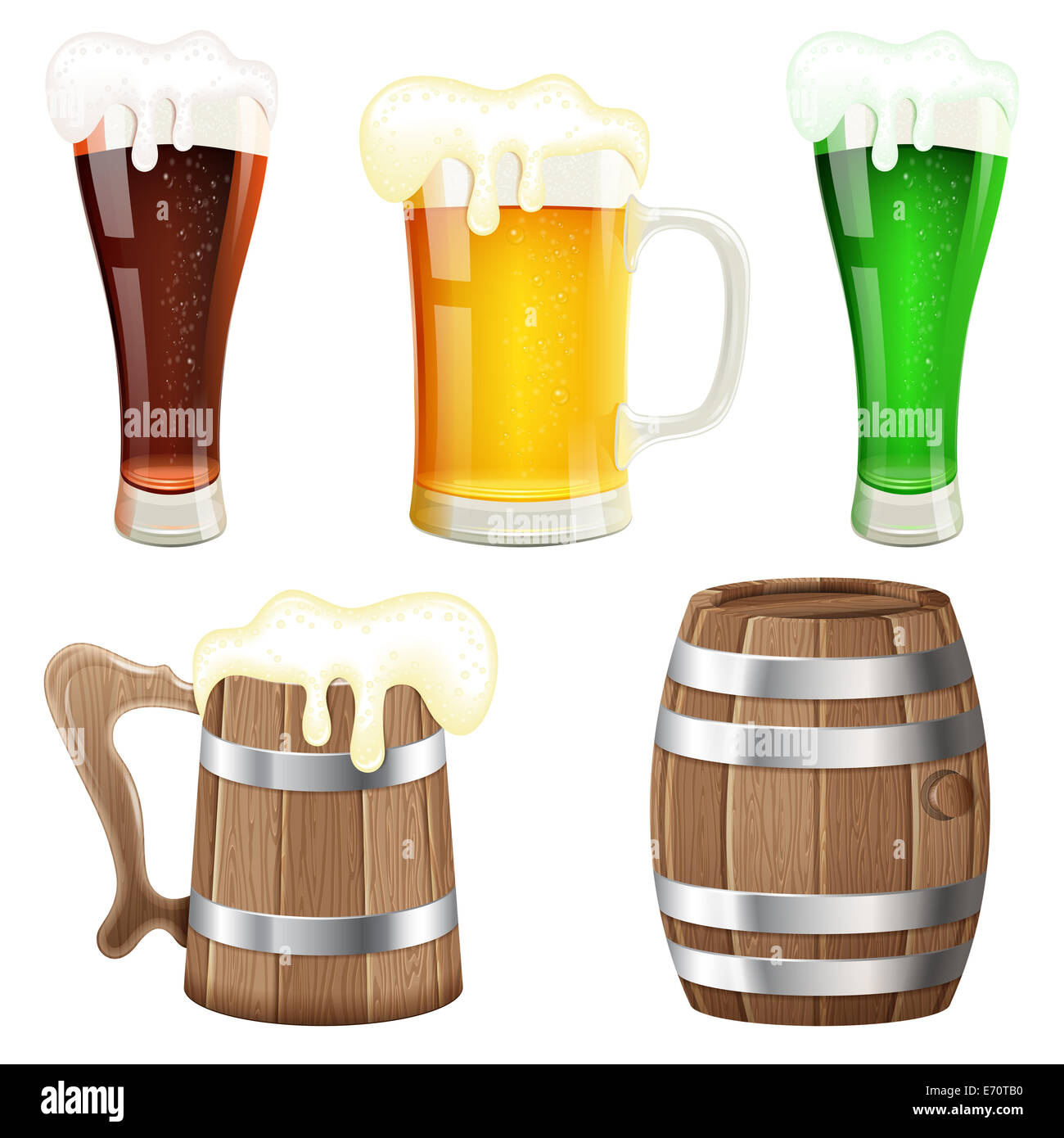 Beer Collection with Barrel of Beer and Wooden Mug, isolated on white background Stock Photo