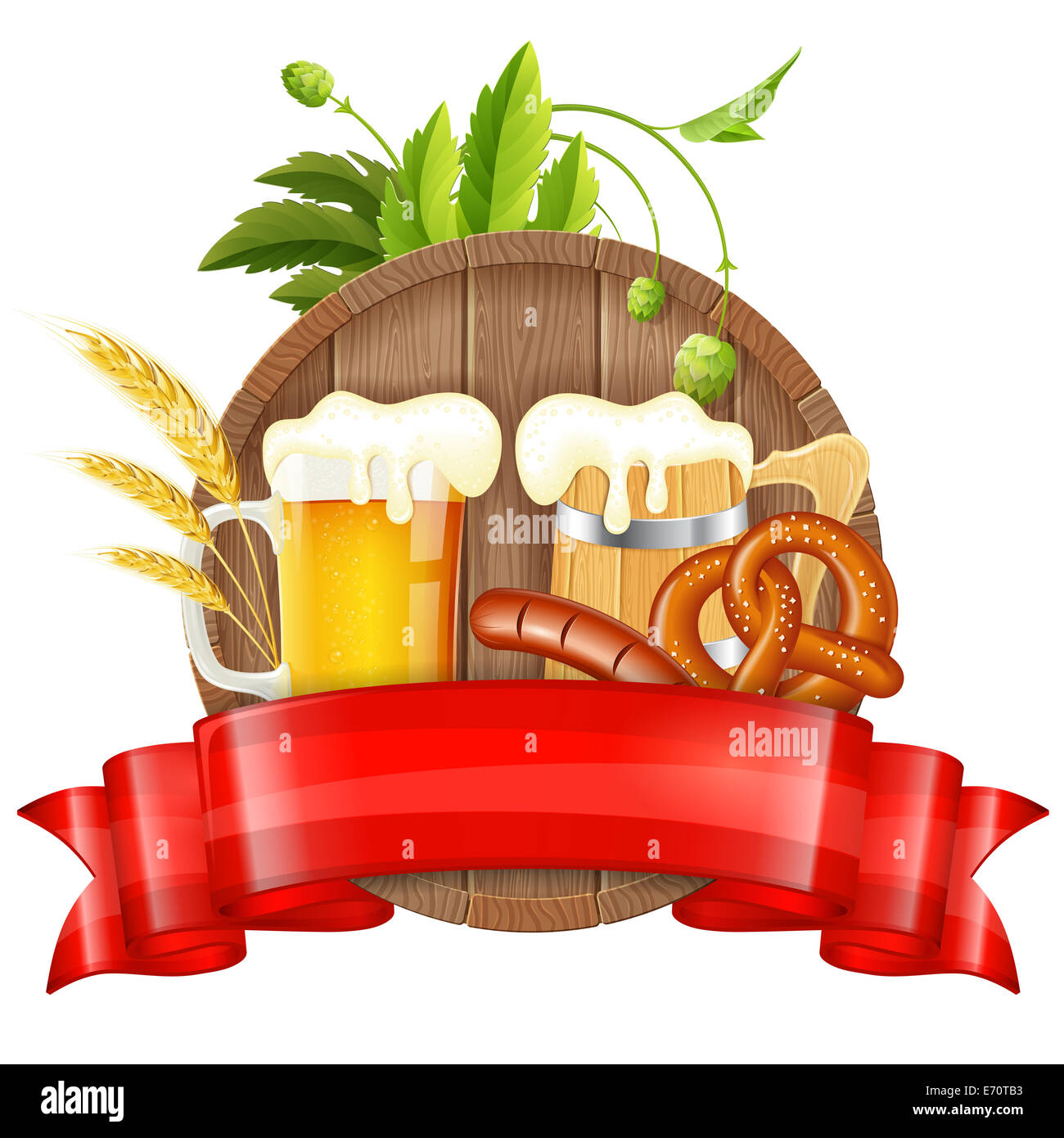 Oktoberfest Poster with Barrel, Glass of Beer, Barley, Hops, Pretzels, Sausages and Ribbon, isolated on white background Stock Photo