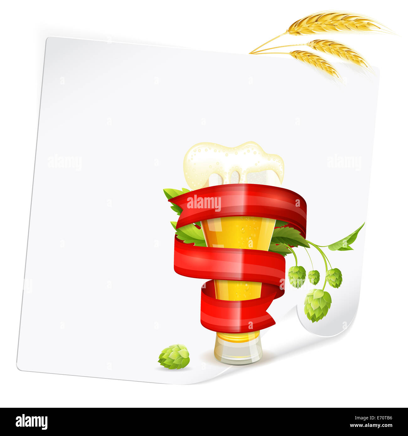 Oktoberfest Poster with Hops, Glass of Beer, Sheet of White Paper, Barley and Red Ribbon, isolated on white background Stock Photo