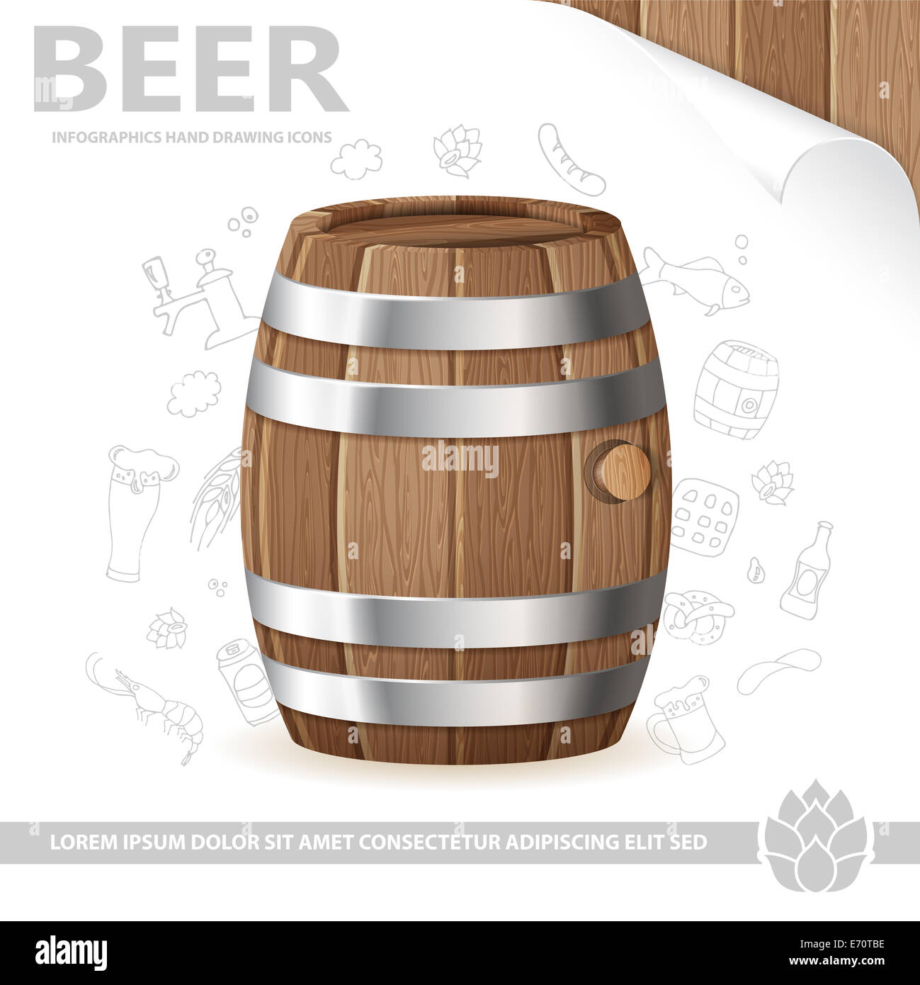 Beer Poster with Barrel of Beer, Sheet of White Paper and Hand Drawing Icon, isolated on white background Stock Photo