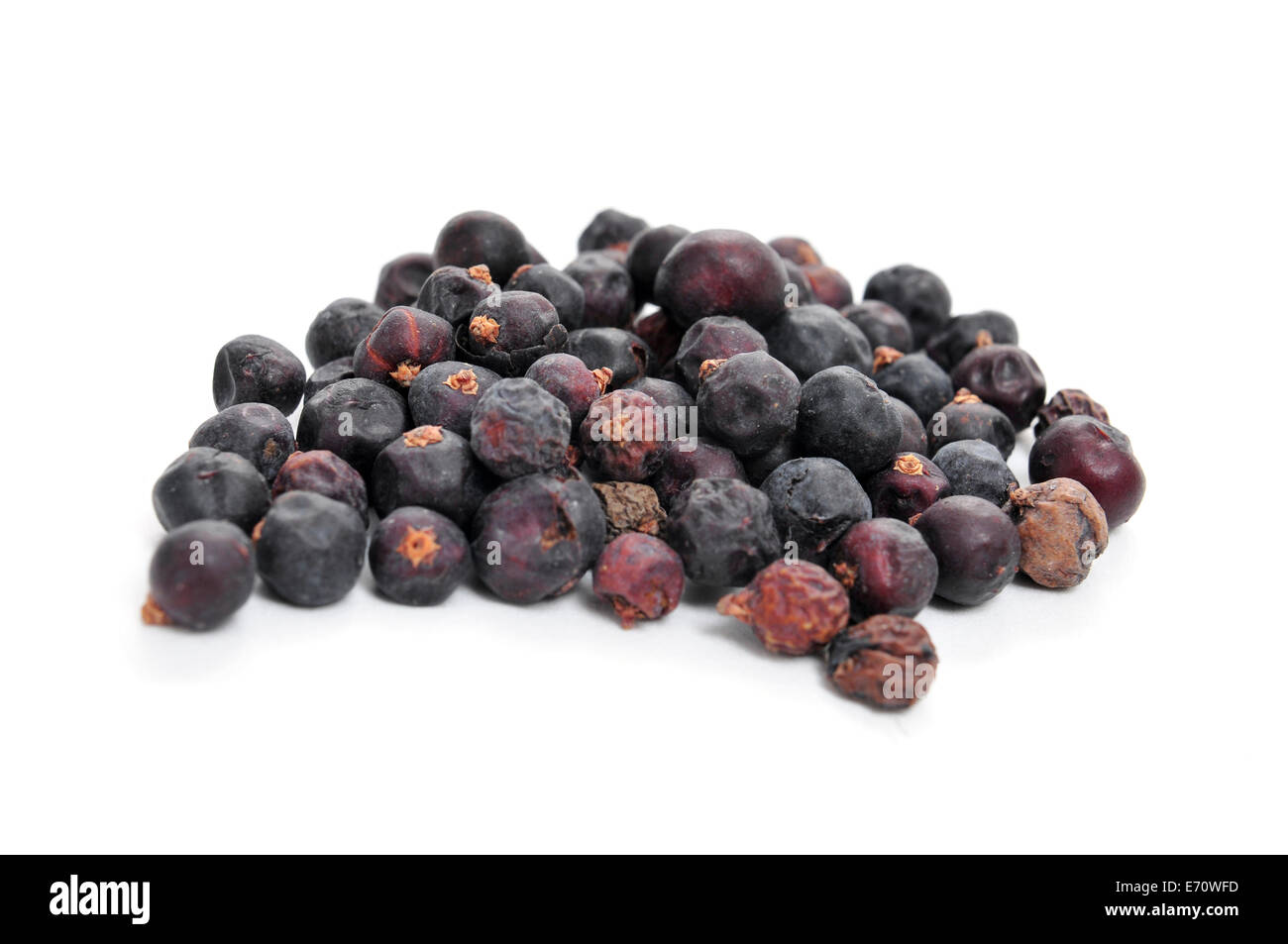 a pile of juniper berries on a white background Stock Photo