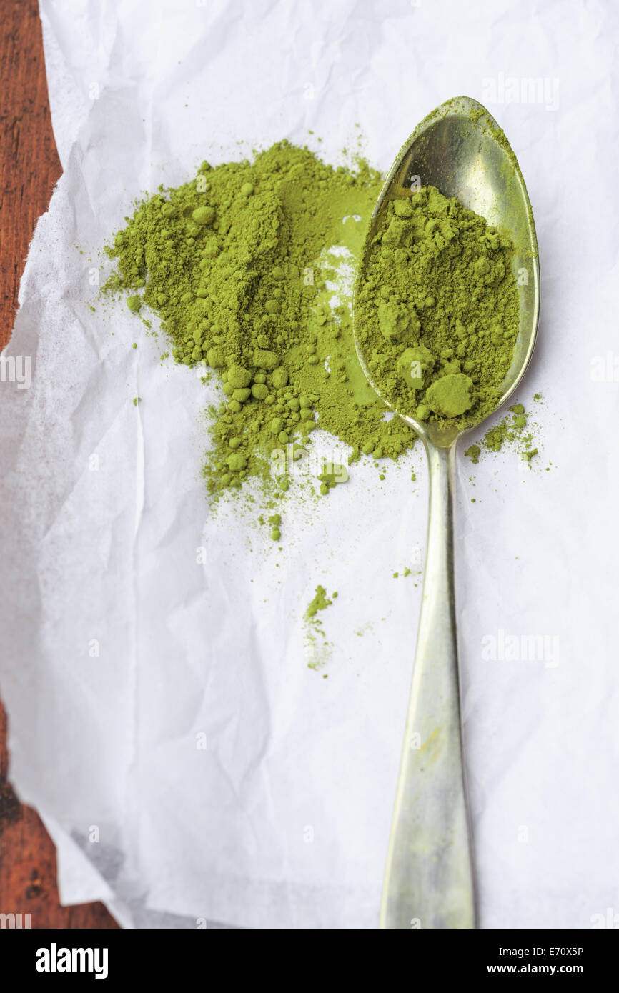 Directly above shot of matcha tea powder on a silver spoon Stock Photo