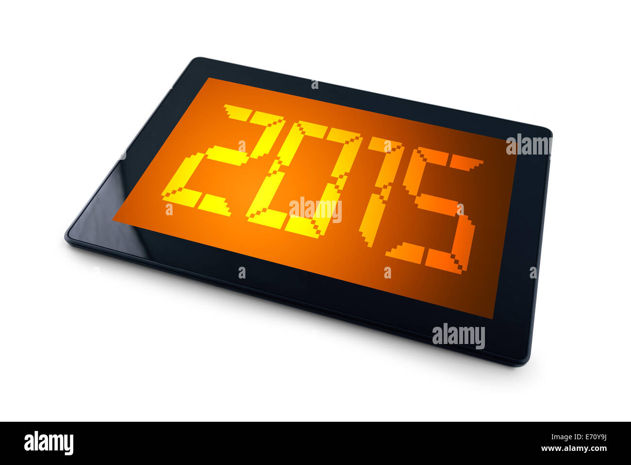 2015 on Generic Tablet PC display over white background. Happy New Year with modern technology high tech gadget in media era. Stock Photo
