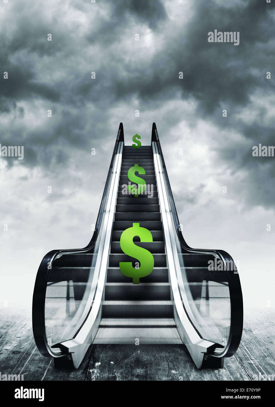 Dollar symbol on escalators. Currency concept, inflation and deflation, finance and exchange rate. Stock Photo