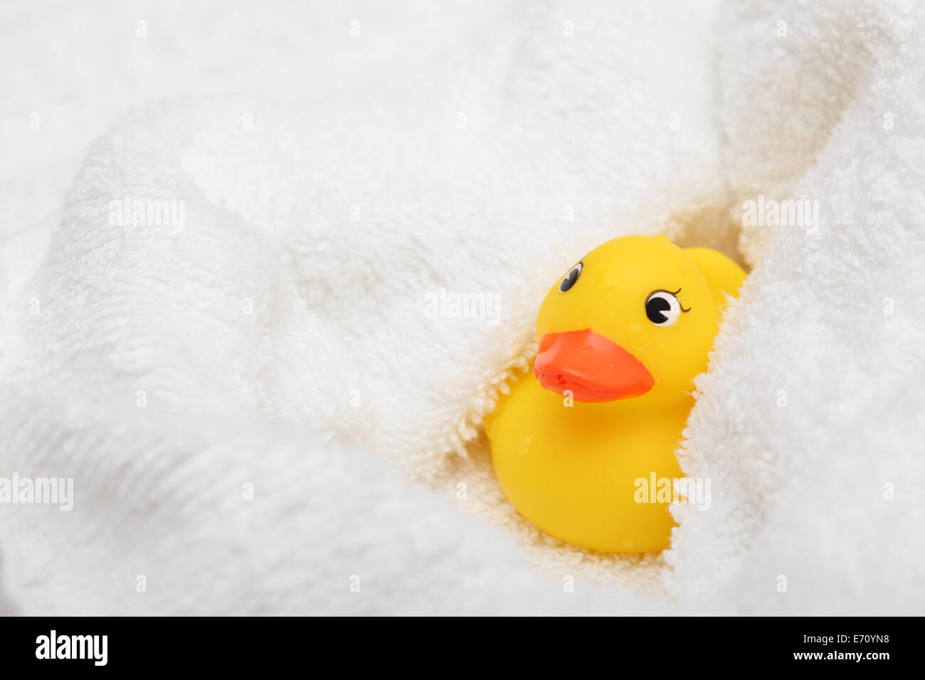 Rubber Duck after bath wrapped in a white soft towel. Closeup. Stock Photo