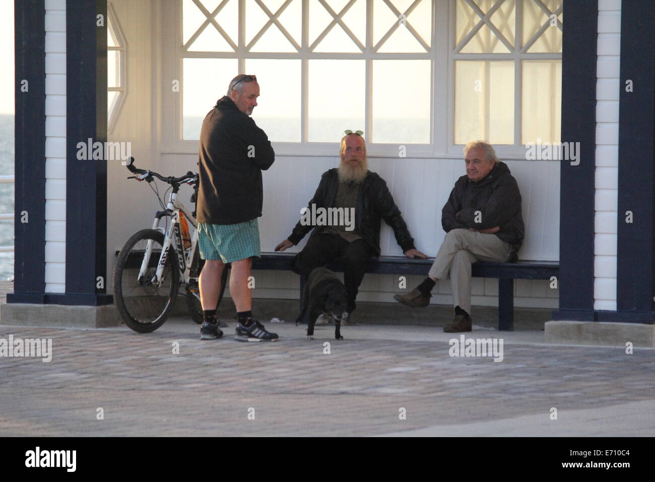 Aberystwyth promenade shelter featuring three men & a dog. Stock Photo