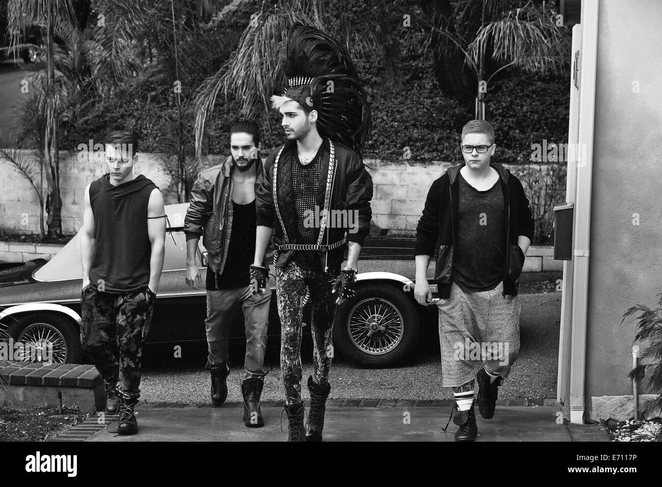 HANDOUT - An undated handout picture shows Georg Moritz Hagen Listing (l-r), Tom Kaulitz, Bill Kaulitz und Gustav Klaus Wolfgang Schaefer of German band Tokio Hotel. The band returns with a new album five years after their last one. 'Kings of Suburbia' will be released on 03 October 2014, said a spokesperson of record label Universal. Photo: LADO ALEXI/UNIVERSAL MUSIC/DPA Stock Photo